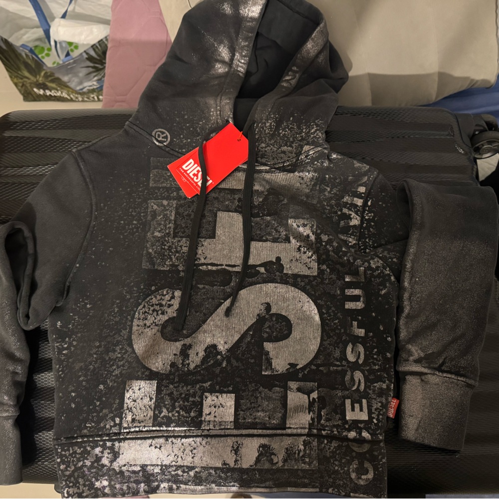 Diesel Crop Black and Silver Graphic Hoodie XS